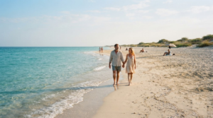 Hyper-realistic professional beach travel photograph of Saadiyat Beach, Abu Dhabi, UAE, wide natural sandy beach beside clear turquoise Arabian Gulf water,