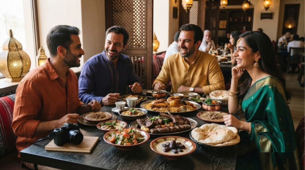 Hyper-realistic professional food and travel photograph inside an elegant but authentic Emirati restaurant in Abu Dhabi, UAE, real adult travellers sharing a table filled with traditional Emirati dishes such as machboos,