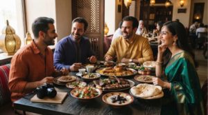 Hyper-realistic professional food and travel photograph inside an elegant but authentic Emirati restaurant in Abu Dhabi, UAE, real adult travellers sharing a table filled with traditional Emirati dishes such as machboos,