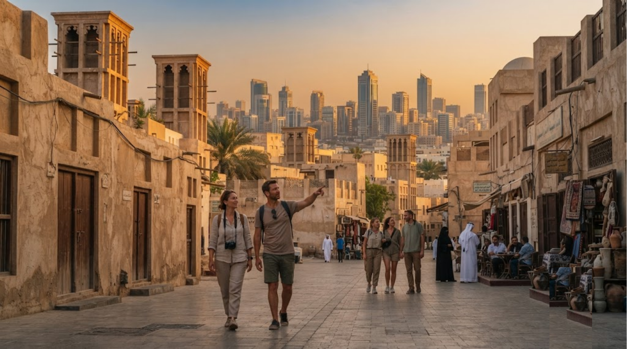 travel photograph of Sharjah, United Arab Emirates, authentic wide view of the city at golden hour,