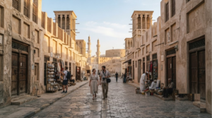 travel photograph of Heart of Sharjah, UAE, authentic traditional Arabian heritage buildings with wind towers