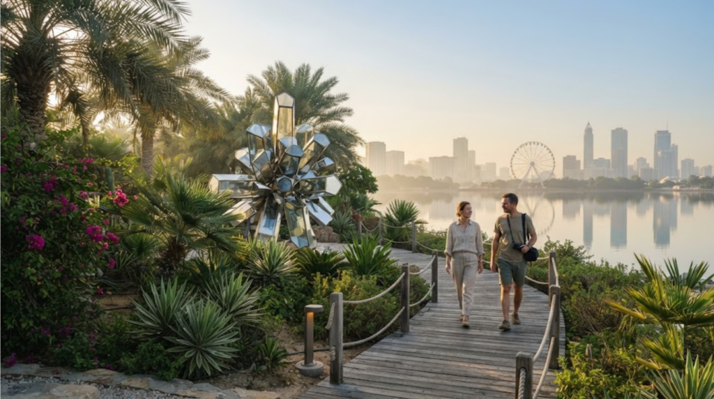 travel photograph of Al Noor Island in Sharjah, UAE, lush landscaped garden beside Khalid Lagoon,