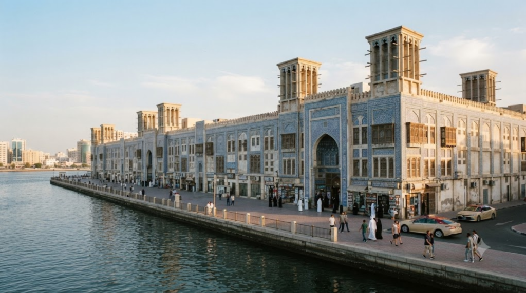 professional architectural travel photograph of the Blue Souk in Sharjah, UAE,