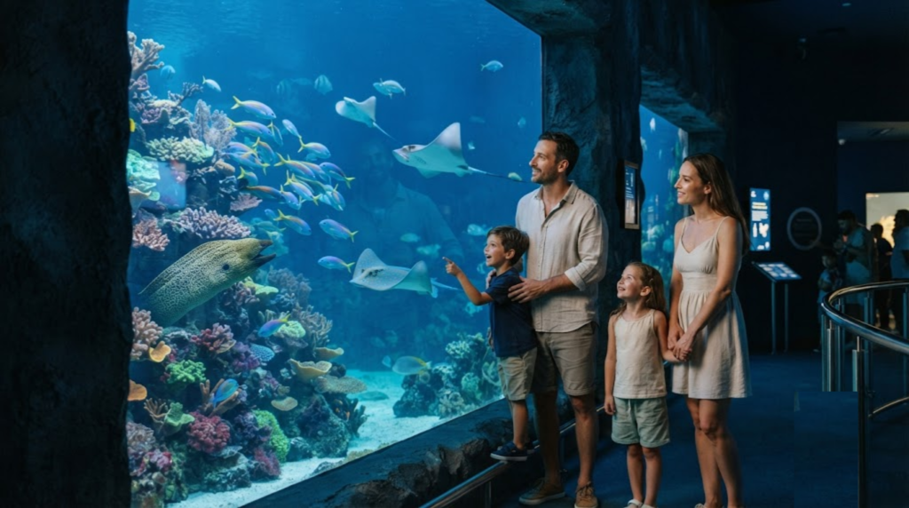 professional family travel photograph inside Sharjah Aquarium, UAE