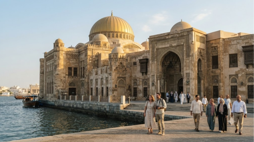 professional cultural travel photograph of Sharjah Museum of Islamic Civilization, UAE, elegant historic Islamic architectural building beside the waterfront