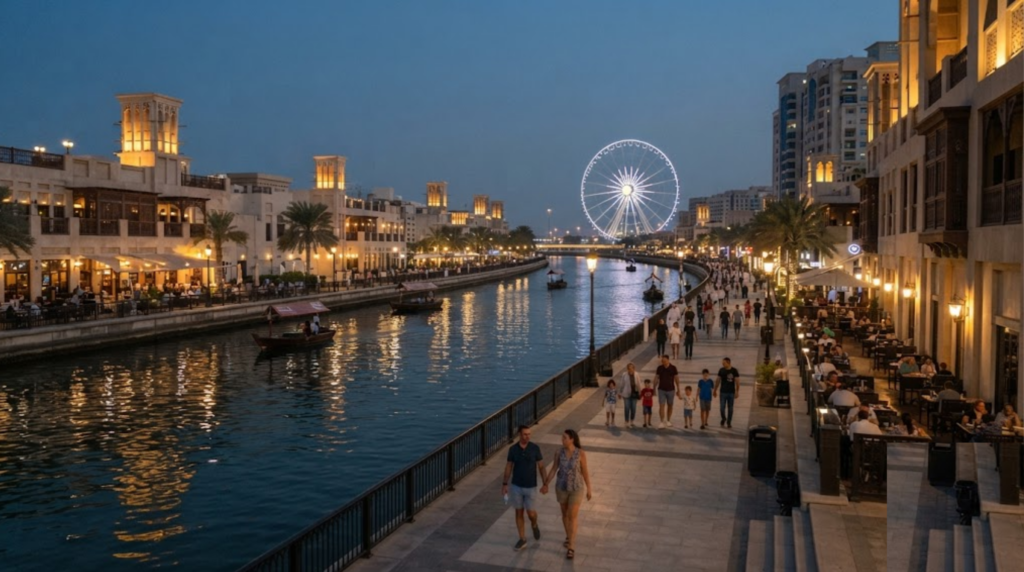 professional evening travel photograph of Al Qasba Canal in Sharjah, UAE, attractive waterfront promenade with traditional and contemporary architecture