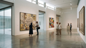 professional cultural travel photograph inside a contemporary art museum in Sharjah, UAE,
