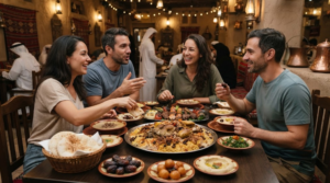 professional culinary travel photograph in an authentic Emirati restaurant in Sharjah, UAE,