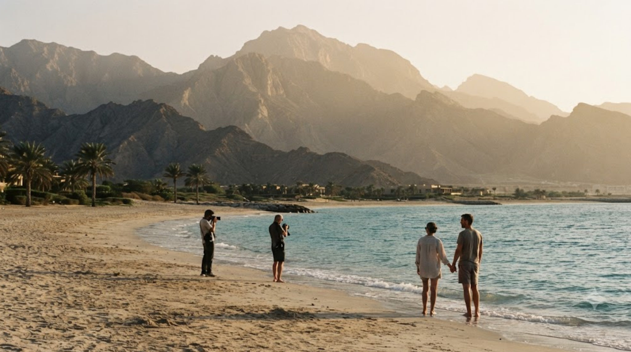 photograph of Ras Al Khaimah, United Arab Emirates, wide natural landscape showing the rugged Hajar Mountains