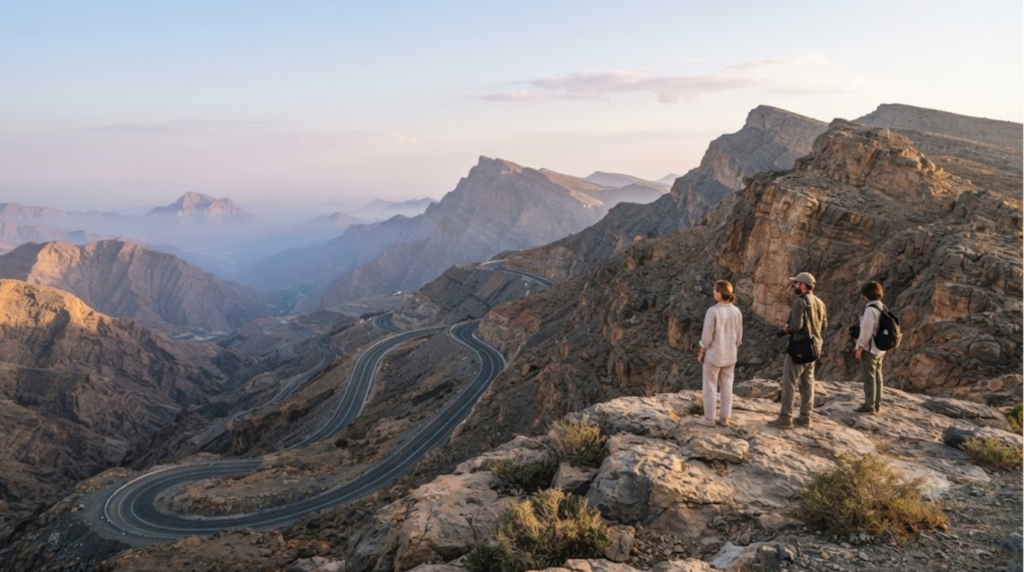professional landscape travel photograph of Jebel Jais in Ras Al Khaimah, UAE, dramatic rugged Hajar Mountain peaks with a winding mountain