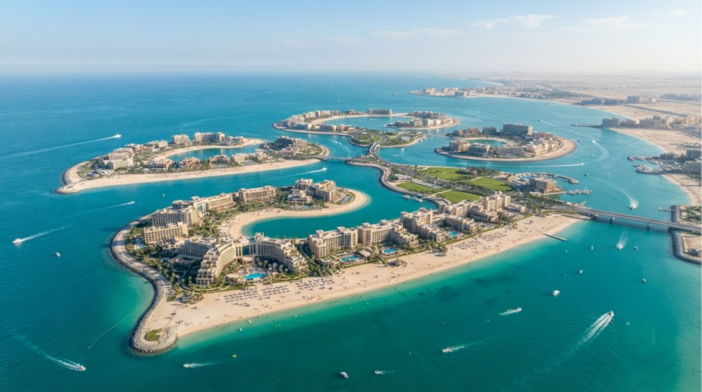 professional aerial drone photograph of Al Marjan Island, Ras Al Khaimah, UAE, four coral-shaped islands extending into the turquoise Arabian Gulf,