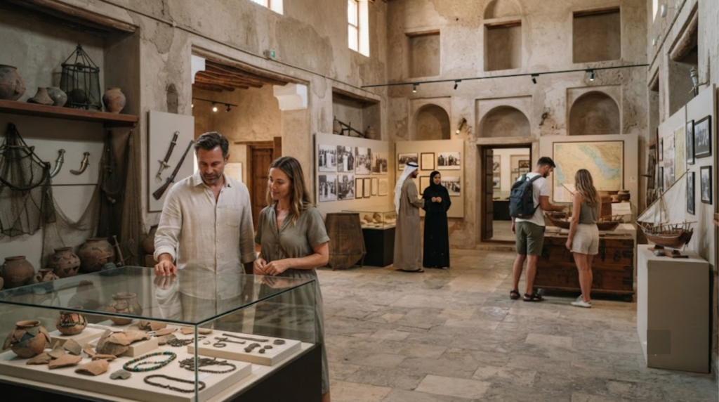 professional cultural travel photograph inside the National Museum of Ras Al Khaimah, UAE, real adult visitors exploring
