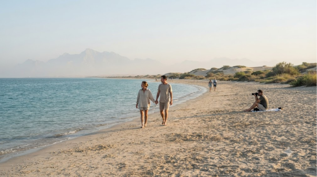 professional beach travel photograph of Flamingo Beach in Ras Al Khaimah, UAE, natural sandy shoreline beside calm blue Arabian Gulf water,