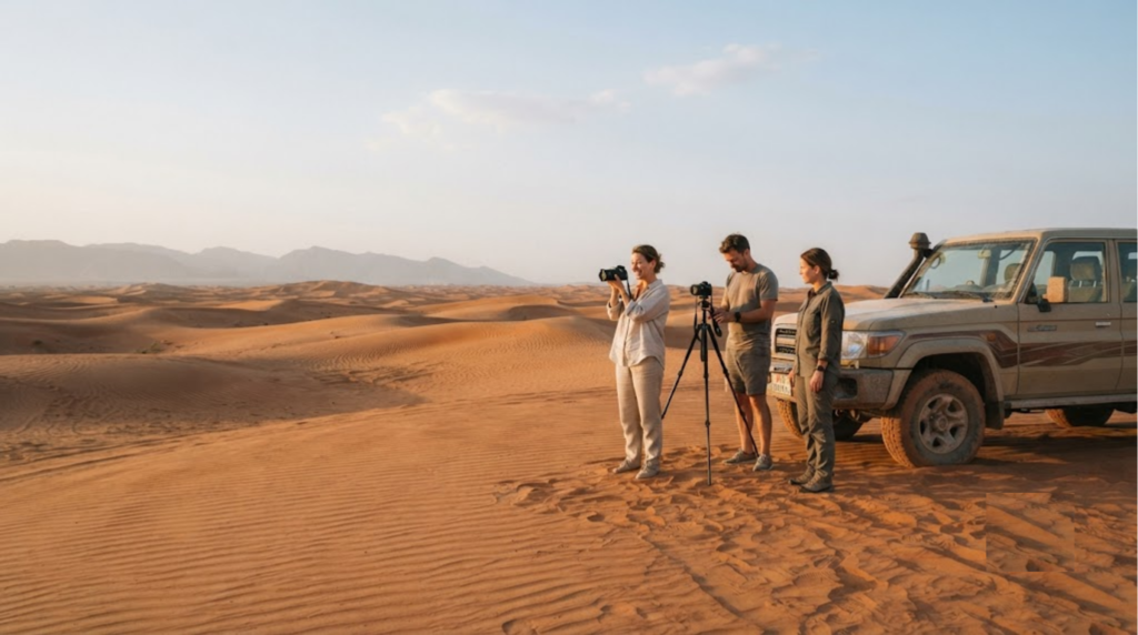 professional desert safari photograph in Ras Al Khaimah, UAE, real adult travellers standing beside a 4x4 vehicle on naturally shaped terracotta-colored