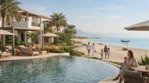 professional hospitality photograph of a beachfront resort in Ras Al Khaimah, UAE, real adult guests relaxing naturally beside a swimming pool overlooking the Arabian Gulf,