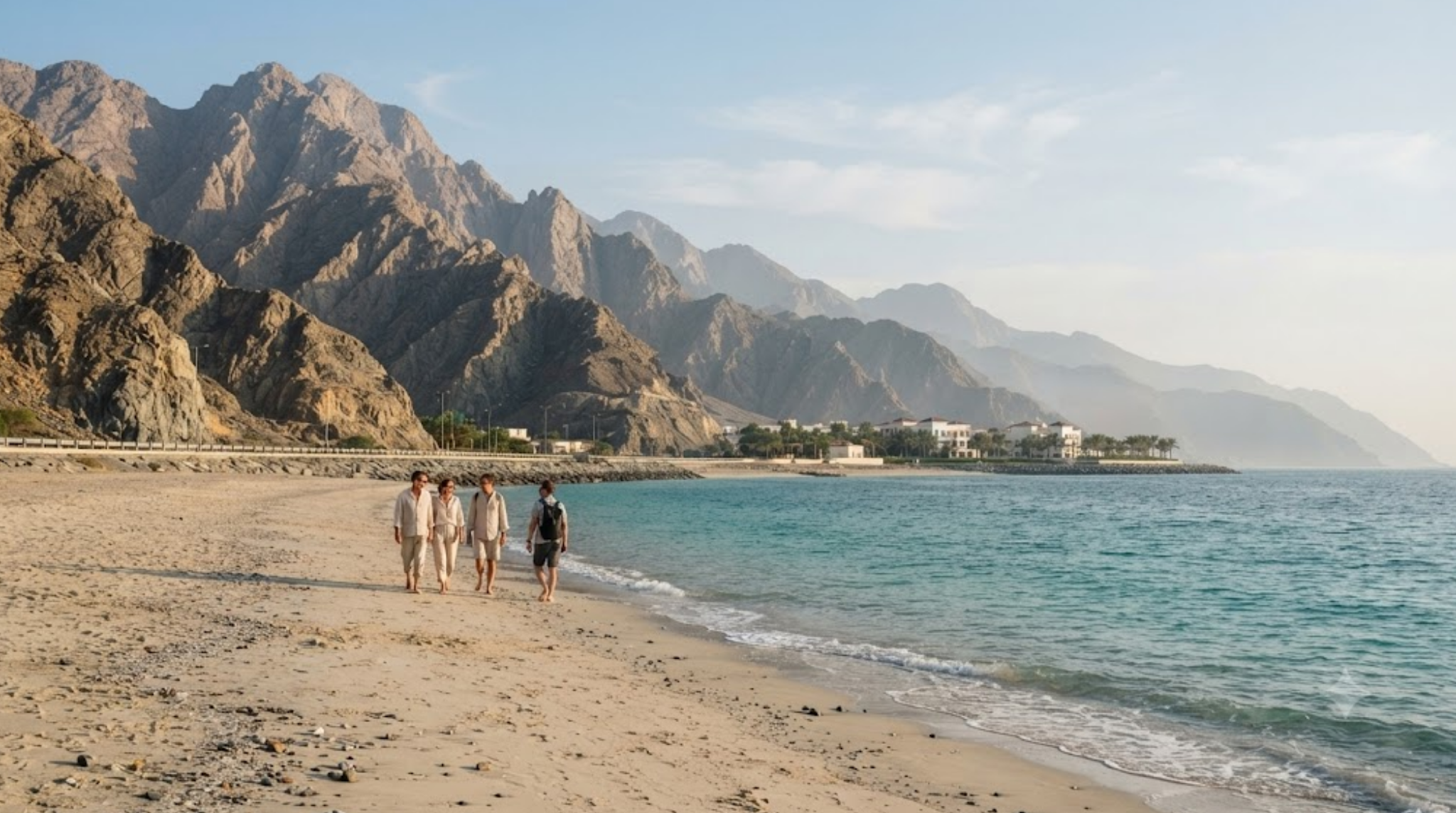 professional heritage travel photograph of Fujairah Fort, UAE, authentic historic stone and mud-brick fort with its distinctive circular and rectangular towers,
