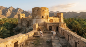 Hyper-realistic professional heritage travel photograph of Fujairah Fort, UAE, authentic historic stone and mud-brick fort with its distinctive circular and rectangular towers,