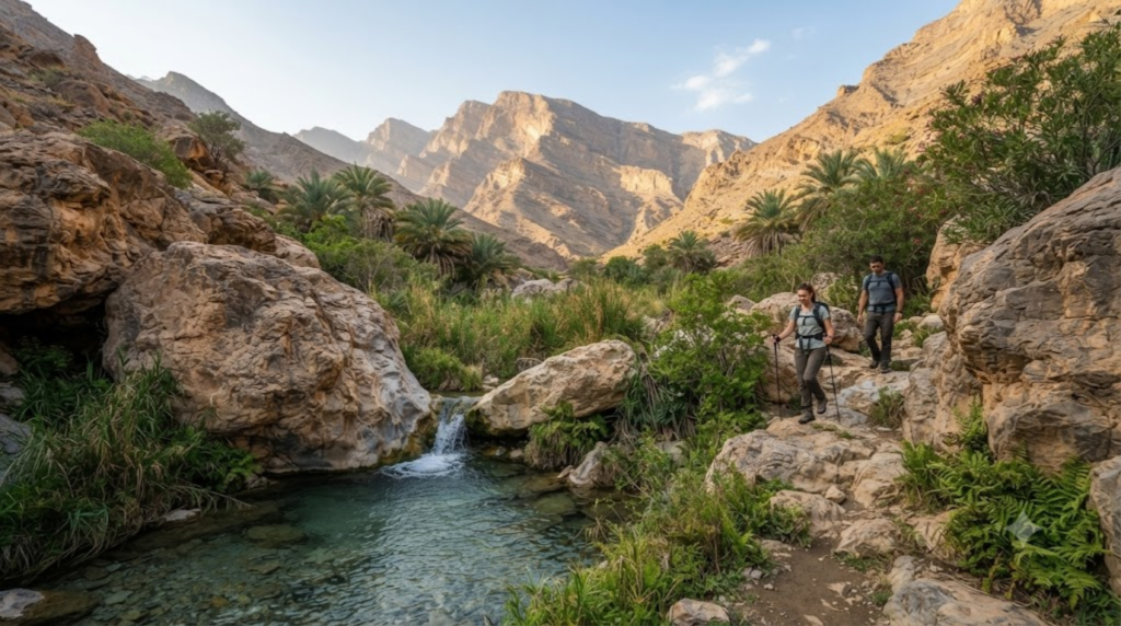 professional nature travel photograph of Wadi Al Wurayah, Fujairah, UAE, dramatic rocky mountain valley with natural spring water flowing between large boulders