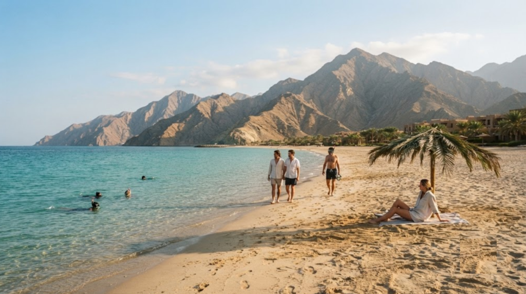 professional travel photograph of Al Aqah Beach, Fujairah, UAE, wide sandy beach meeting crystal-clear turquoise Gulf of Oman water, dramatic Hajar Mountains rising behind the coastline