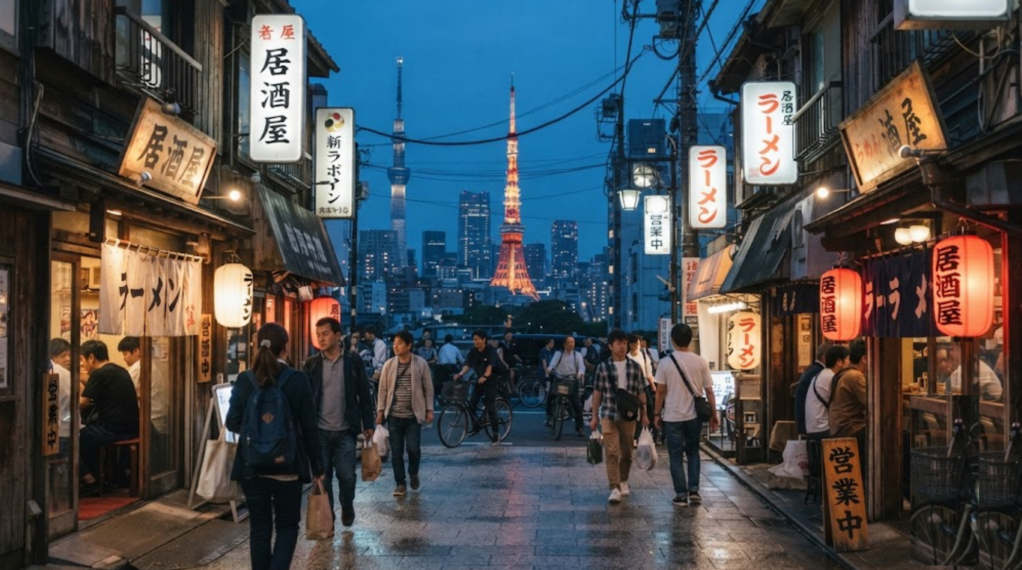 professional travel photograph of Tokyo, Japan at blue hour, wide cinematic view combining traditional Japanese architecture in the foreground with Tokyo's modern skyline in the distance,