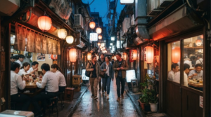professional nightlife travel photograph in Shinjuku, Tokyo, Japan, narrow atmospheric restaurant alley with authentic izakaya storefronts,