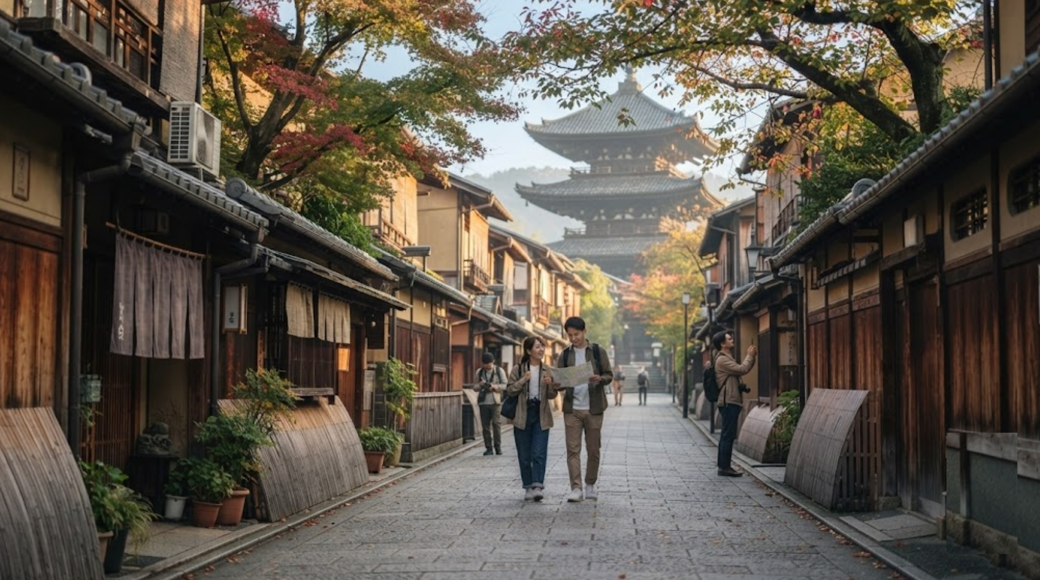 professional travel photograph of Kyoto, Japan during early autumn, traditional wooden Japanese machiya houses lining a quiet historic street, elegant Japanese temple architecture visible in the distance