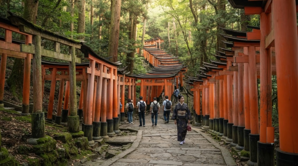 professional travel photograph of Fushimi Inari Taisha in Kyoto, Japan, long pathway covered by thousands of traditional vermilion torii gates climbing naturally