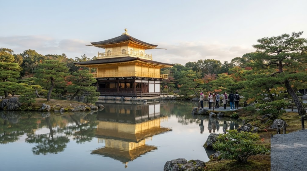professional architectural travel photograph of Kinkaku-ji Golden Pavilion in Kyoto, Japan, iconic gold-covered pavilion beside a calm reflective pond, authentic