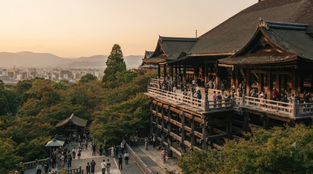 realistic professional travel photograph of Kiyomizu-dera Temple in Kyoto, Japan