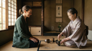 professional cultural lifestyle photograph inside a traditional Kyoto tea room, Japan,