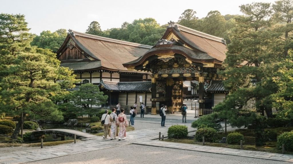 professional heritage travel photograph of Nijo Castle in Kyoto, Japan, grand traditional Japanese castle gate and historic