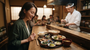 professional culinary travel photograph inside a refined but authentic Kyoto restaurant, Japan, adult traveller enjoying a traditional Japanese meal