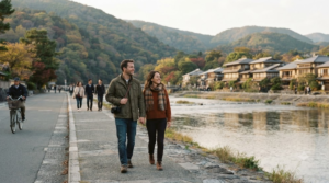 professional lifestyle travel photograph of real adult couple exploring Arashiyama, Kyoto, Japan,