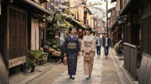 professional cultural travel photograph of two adult travellers wearing elegant traditional Japanese kimono walking through a historic Kyoto street