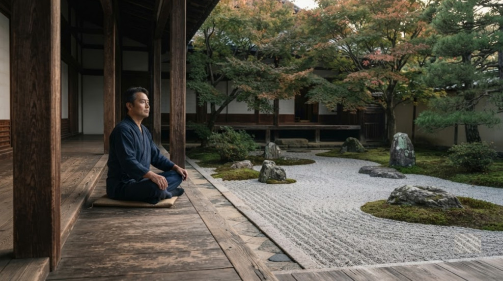 Hyper-realistic professional architectural and nature photograph of a traditional Zen garden in Kyoto, Japan,