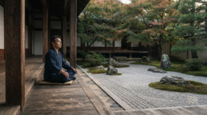 Hyper-realistic professional architectural and nature photograph of a traditional Zen garden in Kyoto, Japan,