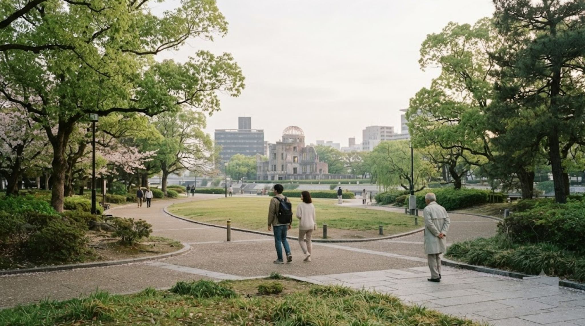 professional documentary travel photograph of Hiroshima Peace Memorial Park, Japan, peaceful green park with trees