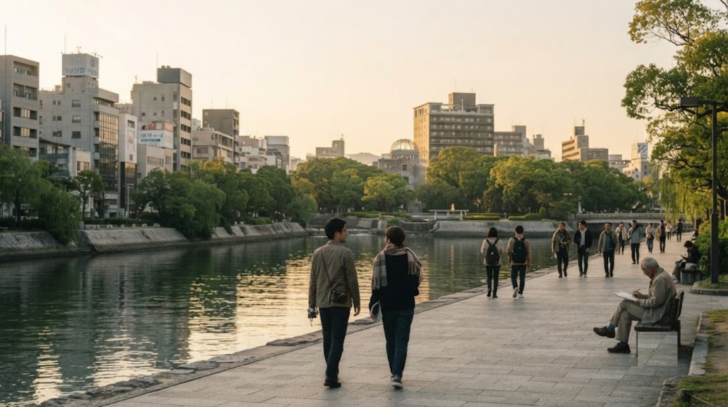 photograph of Hiroshima, Japan at soft golden hour, peaceful riverside cityscape with modern Hiroshima buildings and green trees,