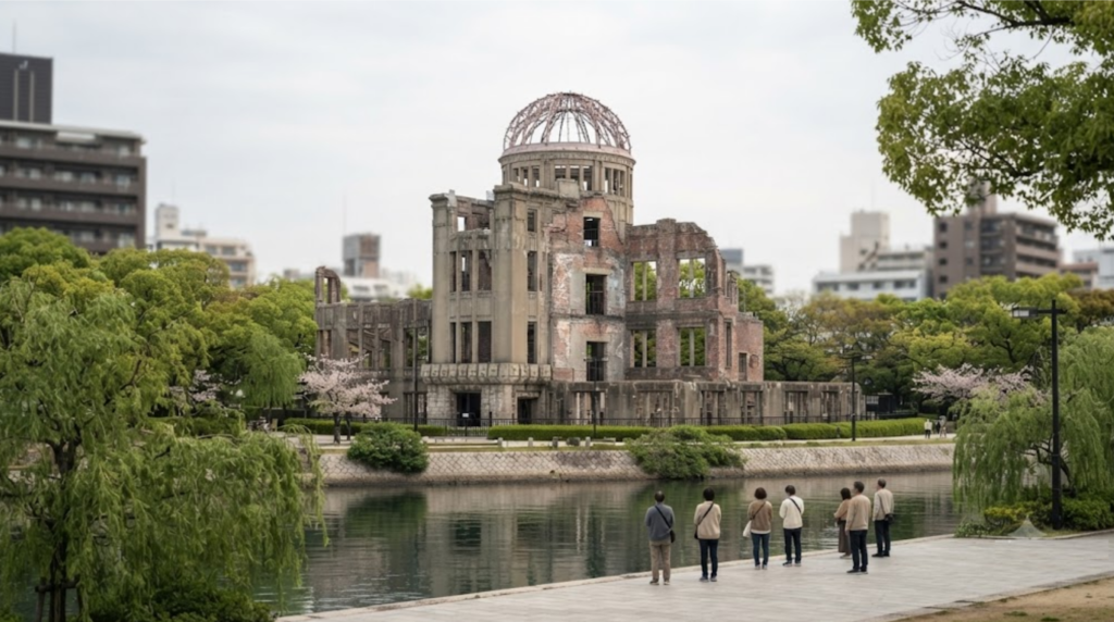 professional architectural documentary photograph of the Atomic Bomb Dome in Hiroshima, Japan,