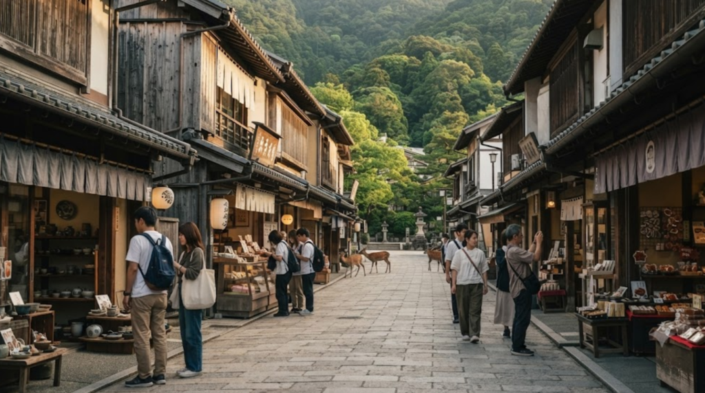 professional island travel photograph of Miyajima, Japan, traditional narrow shopping street with wooden Japanese buildings,