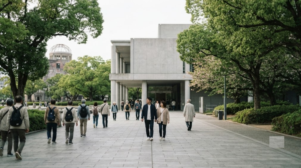 photograph showing the exterior approach to Hiroshima Peace Memorial Museum,