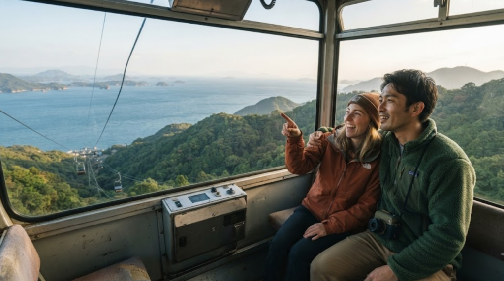 professional adventure travel photograph of a real adult couple inside a Miyajima ropeway cable car, Japan
