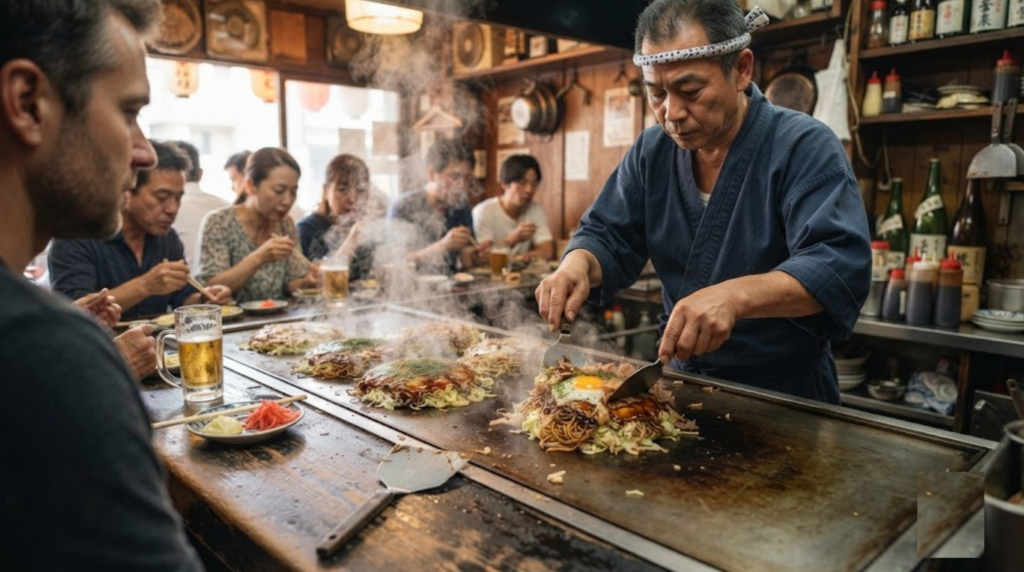 culinary travel photograph inside a busy local okonomiyaki restaurant in Hiroshima, Japan, real adult traveller seated at a counter watching a Japanese chef prepare Hiroshima-style okonomiyaki on a large hot griddle,