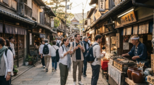professional street photography of Miyajima, Japan, narrow traditional street lined with authentic wooden shops and local food stalls