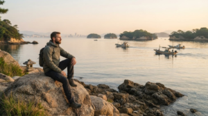 professional coastal travel photograph from a quiet Hiroshima or Miyajima shoreline, Japan, real adult traveller sitting on a rocky coastal viewpoint looking across the calm Seto Inland Sea,
