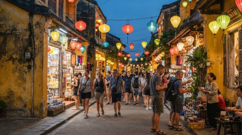 professional evening street photograph of Hoi An Ancient Town, Vietnam, authentic yellow colonial-era buildings and traditional