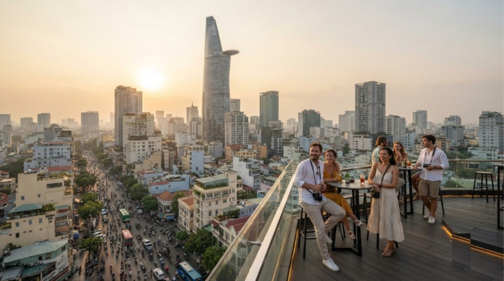 professional urban travel photograph of Ho Chi Minh City, Vietnam, modern city skyline viewed from a rooftop at late afternoon,