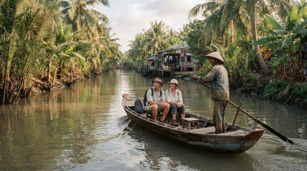 documentary travel photograph of the Mekong Delta, Vietnam, real Vietnamese boat operator navigating a narrow tropical canal in a traditional wooden boat, lush coconut