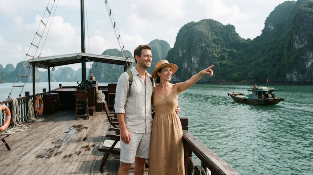 professional lifestyle travel photograph aboard a traditional Vietnamese Halong Bay cruise, real adult couple standing naturally on the wooden upper deck looking at limestone karst islands