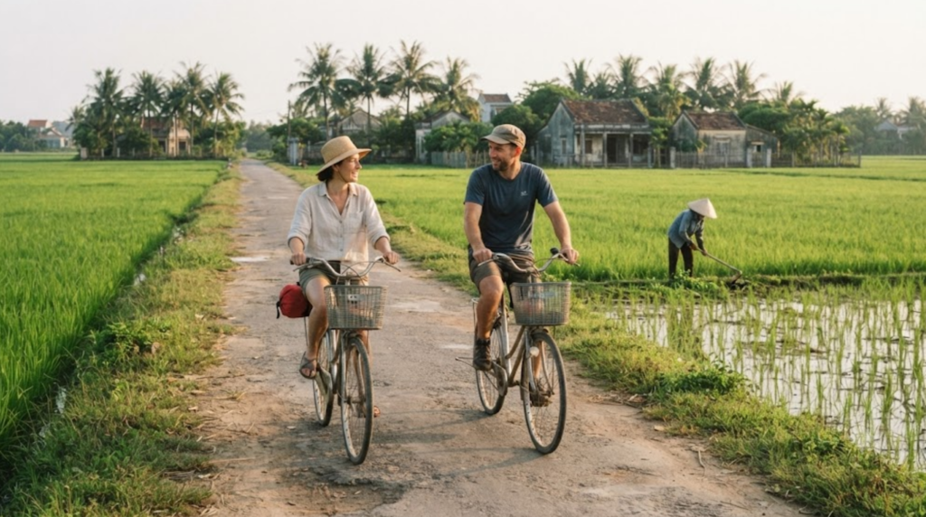 cycling travel photograph in the countryside outside Hoi An, Vietnam, two real adult travellers riding bicycles along a narrow rural road between vivid but naturally colored rice fields,
